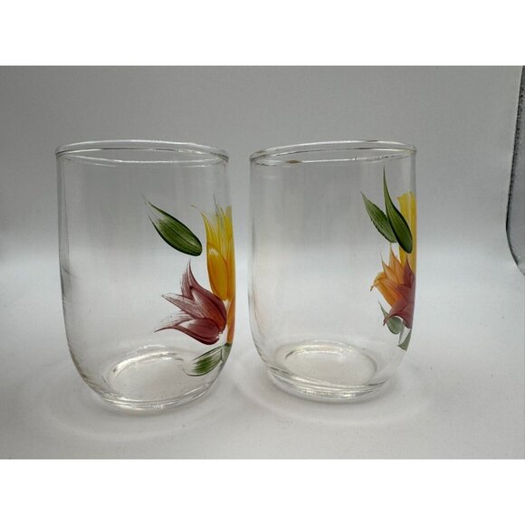 2 Bartlett Collins Gay Fad Handpainted juice glasses Tulips Red yellow 3.25" - Picture 2 of 7